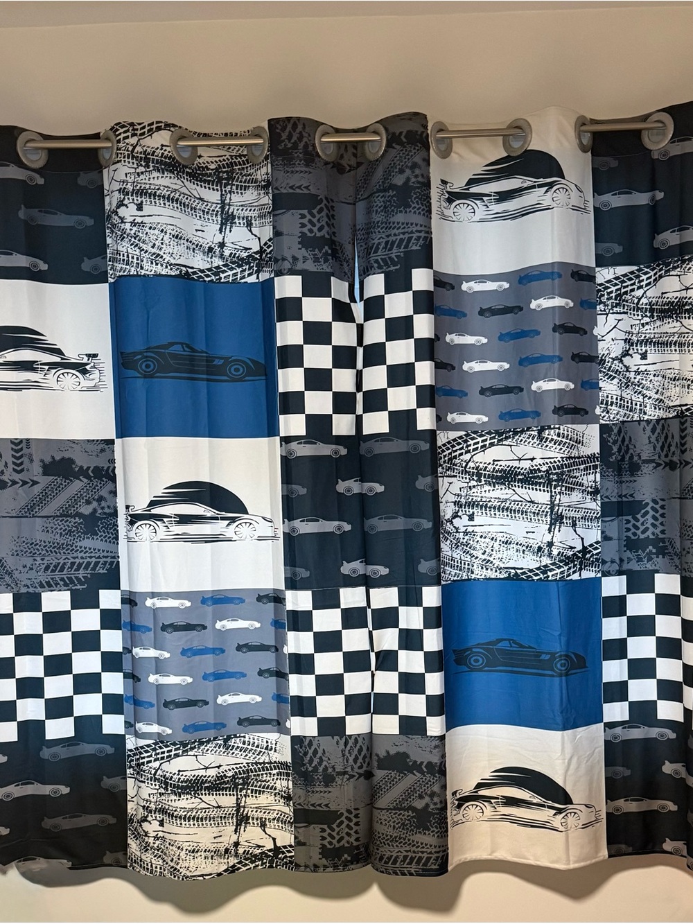 Racing Car Print Window Curtain Panel - Blue, Black, White